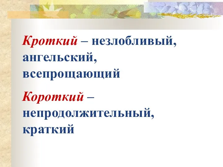 Кроткий – незлобливый, ангельский, всепрощающий Короткий – непродолжительный, краткий