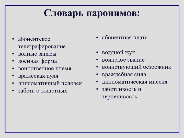 Словарь паронимов: абонентское телеграфирование водные запасы военная форма воинственное племя вражеская