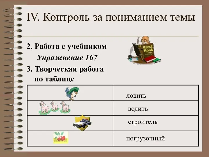 IV. Контроль за пониманием темы 2. Работа с учебником Упражнение 167