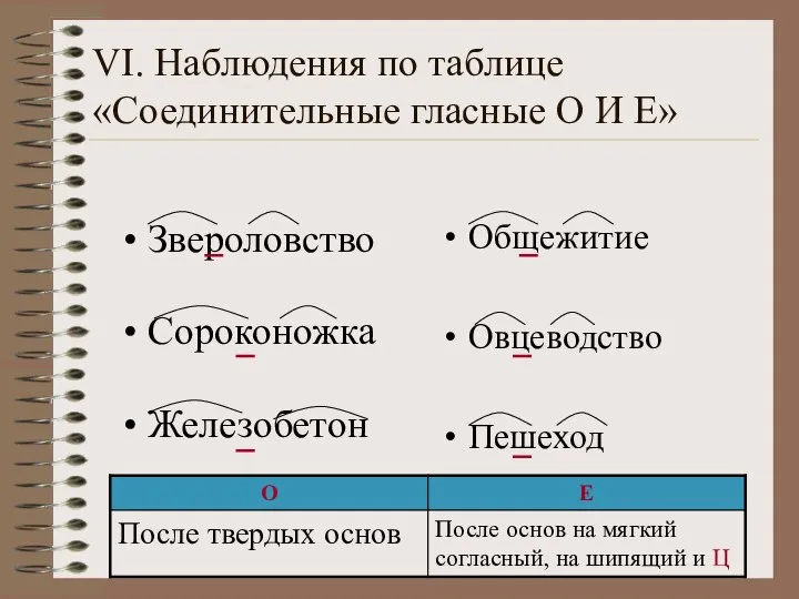 VI. Наблюдения по таблице «Соединительные гласные О И Е» Звероловство Сороконожка Железобетон Общежитие Овцеводство Пешеход