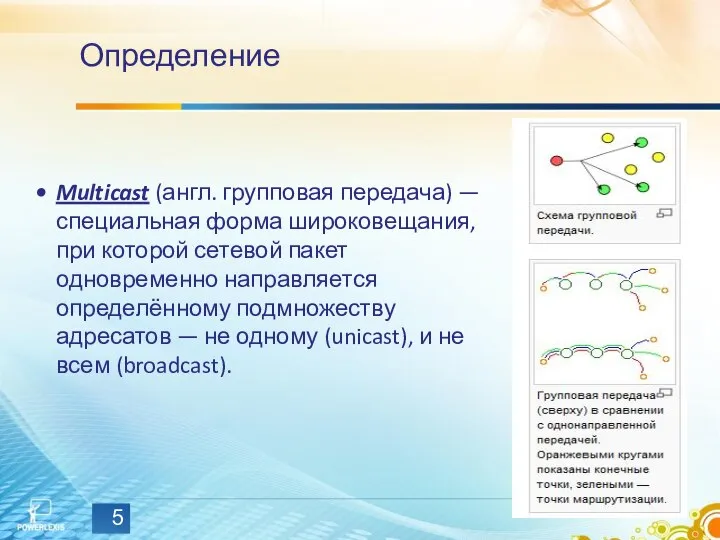 Определение Multicast (англ. групповая передача) — специальная форма широковещания, при которой