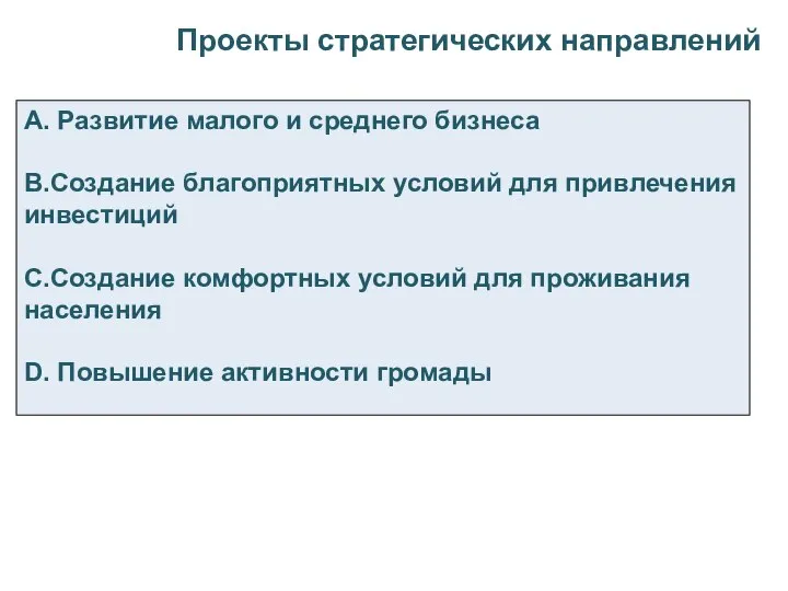 Проекты стратегических направлений А. Развитие малого и среднего бизнеса В.Создание благоприятных