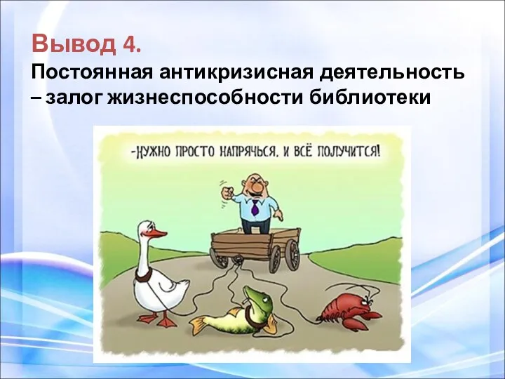 Вывод 4. Постоянная антикризисная деятельность – залог жизнеспособности библиотеки