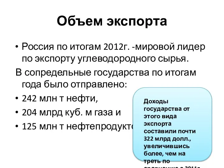 Объем экспорта Россия по итогам 2012г. -мировой лидер по экспорту углеводородного