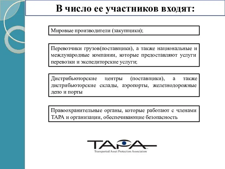 В число ее участников входят: Мировые производители (закупщики); Перевозчики грузов(поставщики), а