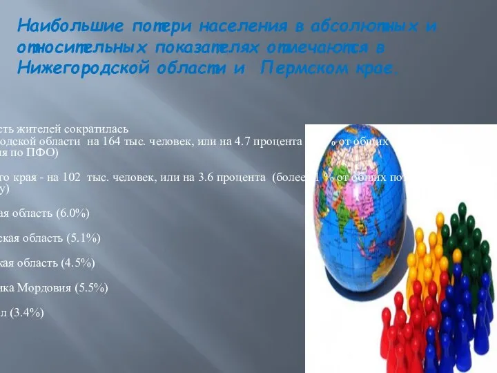 Наибольшие потери населения в абсолютных и относительных показателях отмечаются в Нижегородской области и Пермском крае.