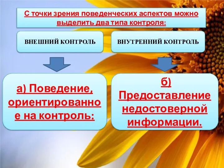 С точки зрения поведенческих аспектов можно выделить два типа контроля: ВНЕШНИЙ