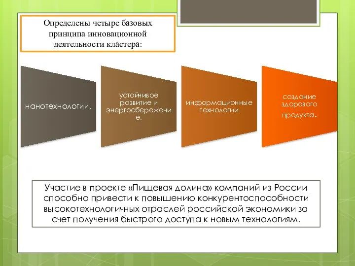 Определены четыре базовых принципа инновационной деятельности кластера: Участие в проекте «Пищевая