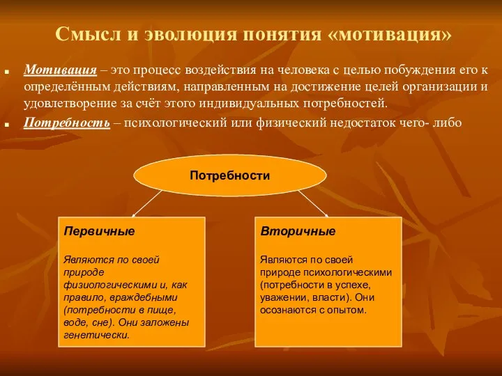 Смысл и эволюция понятия «мотивация» Мотивация – это процесс воздействия на