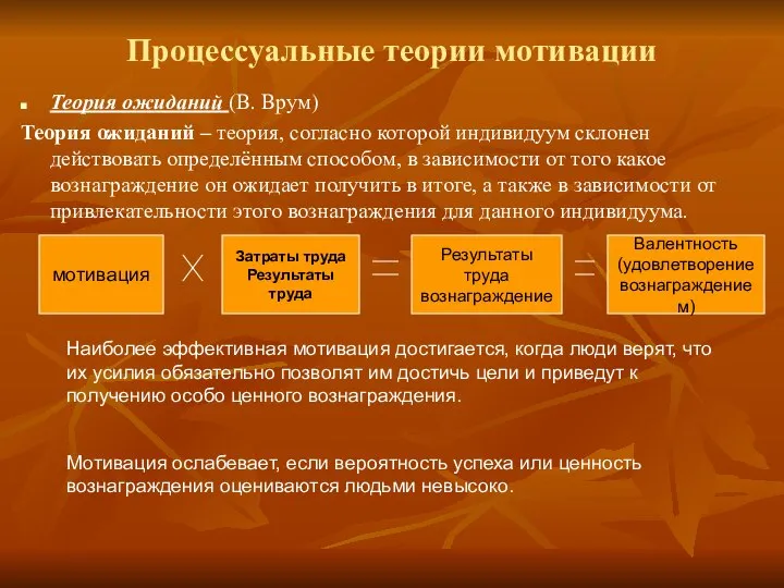 Процессуальные теории мотивации Теория ожиданий (В. Врум) Теория ожиданий – теория,