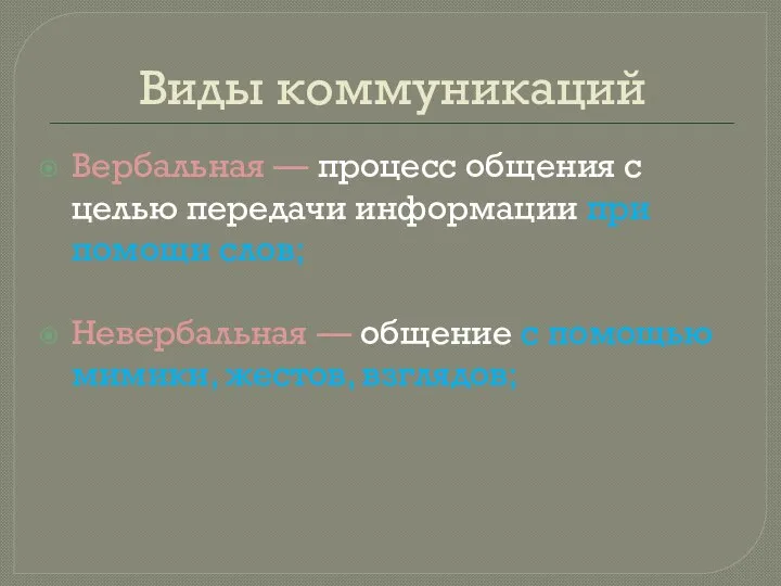 Виды коммуникаций Вербальная — процесс общения с целью передачи информации при