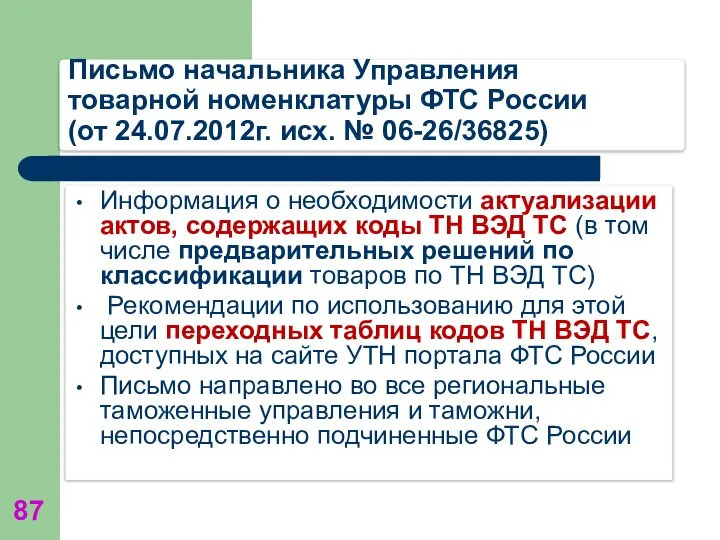 Письмо начальника Управления товарной номенклатуры ФТС России (от 24.07.2012г. исх. №