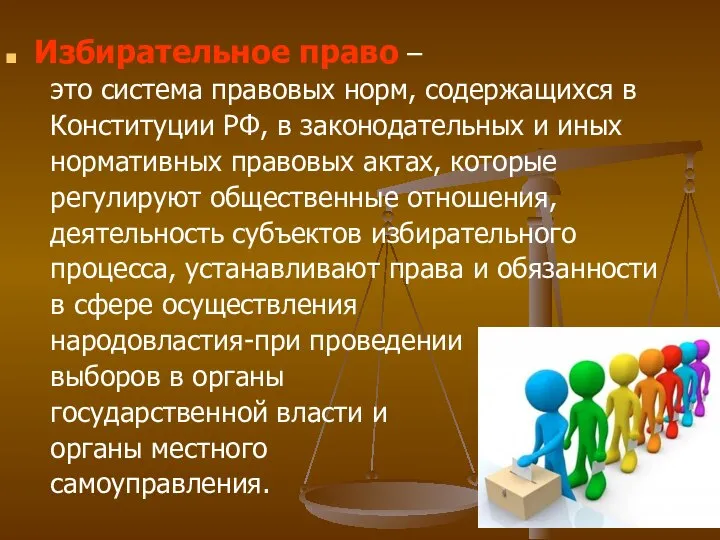Избирательное право – это система правовых норм, содержащихся в Конституции РФ,