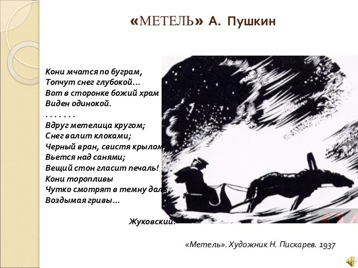 «МЕТЕЛЬ» А. Пушкин Кони мчатся по буграм, Топчут снег глубокой... Вот