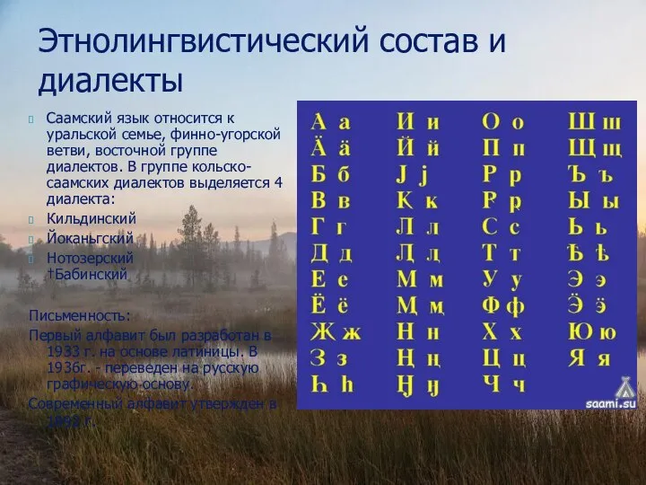 Саамский язык относится к уральской семье, финно-угорской ветви, восточной группе диалектов.