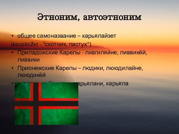 Этноним, автоэтноним общее самоназвание – карьялайзет (karjalaižet - "скотник, пастух") Приладожские