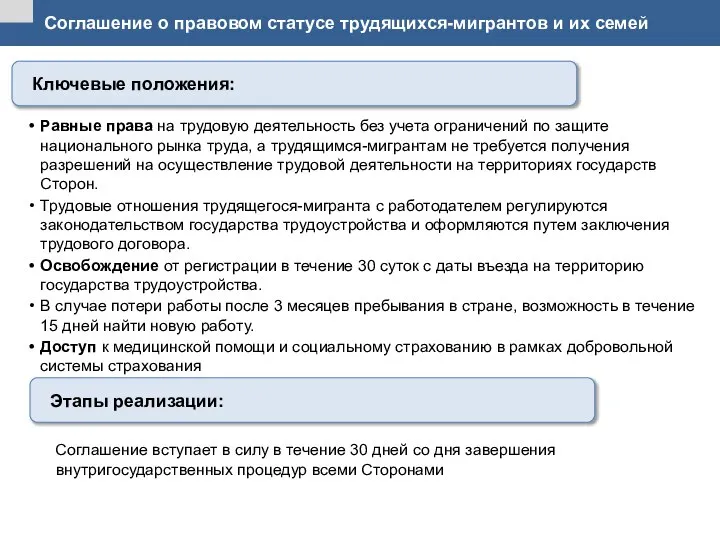 Соглашение о правовом статусе трудящихся-мигрантов и их семей Равные права на