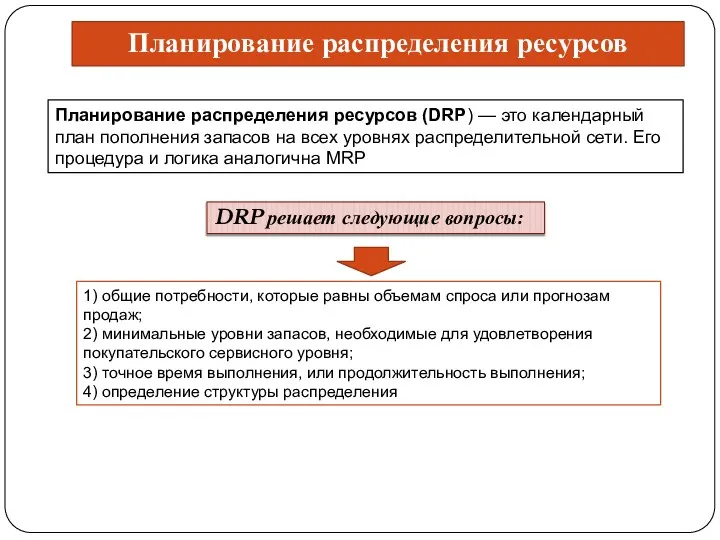 Планирование распределения ресурсов Планирование распределения ресурсов (DRР) — это календарный план