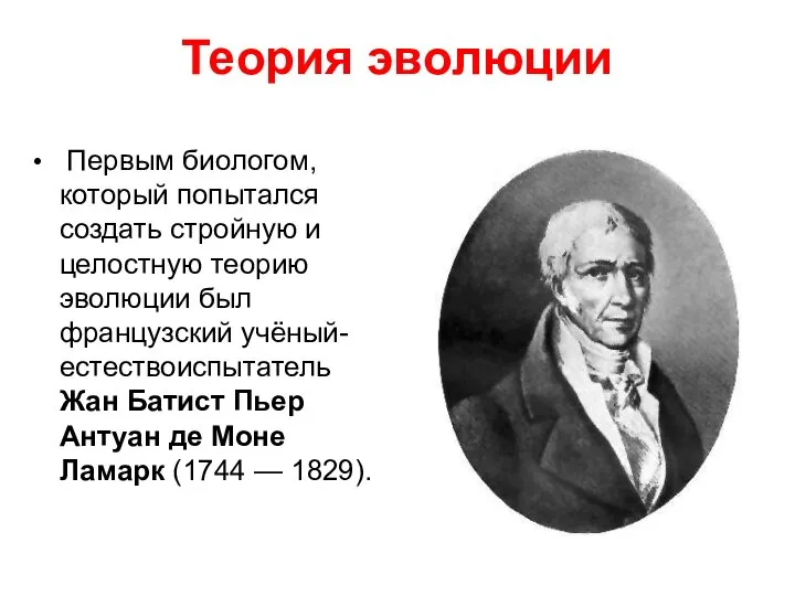 Теория эволюции Первым биологом, который попытался создать стройную и целостную теорию