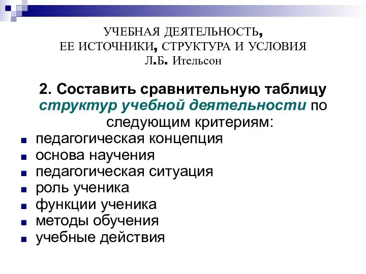 УЧЕБНАЯ ДЕЯТЕЛЬНОСТЬ, ЕЕ ИСТОЧНИКИ, СТРУКТУРА И УСЛОВИЯ Л.Б. Ительсон 2. Составить