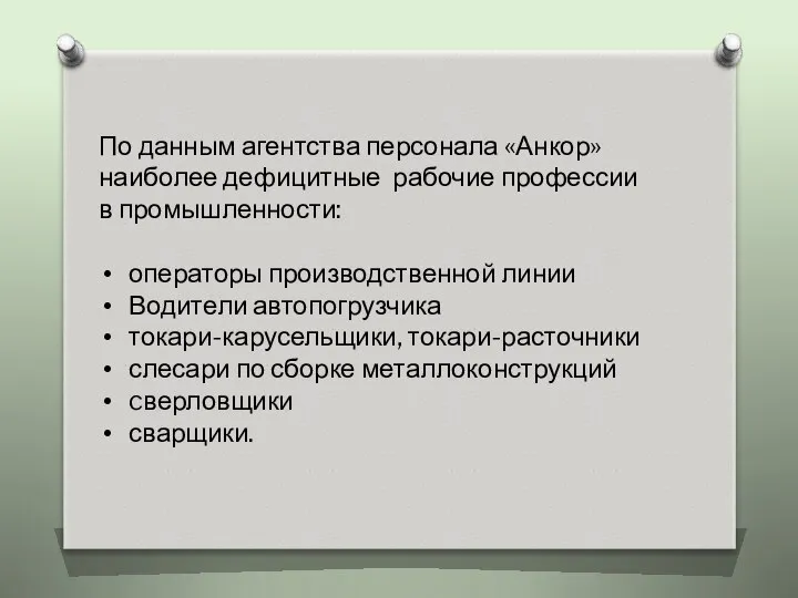 По данным агентства персонала «Анкор» наиболее дефицитные рабочие профессии в промышленности: