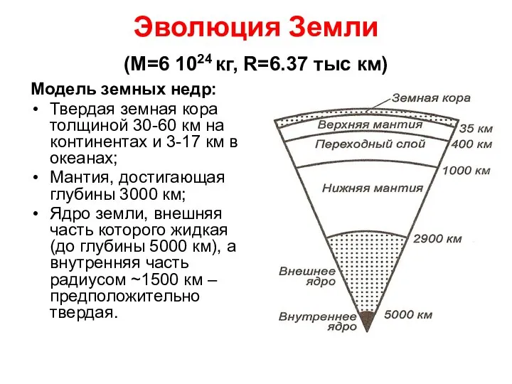 Эволюция Земли (М=6 1024 кг, R=6.37 тыс км) Модель земных недр: