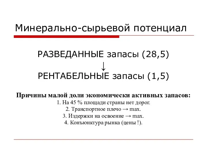 Минерально-сырьевой потенциал РАЗВЕДАННЫЕ запасы (28,5) ↓ РЕНТАБЕЛЬНЫЕ запасы (1,5) Причины малой