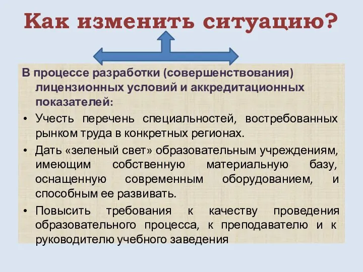 Как изменить ситуацию? В процессе разработки (совершенствования) лицензионных условий и аккредитационных