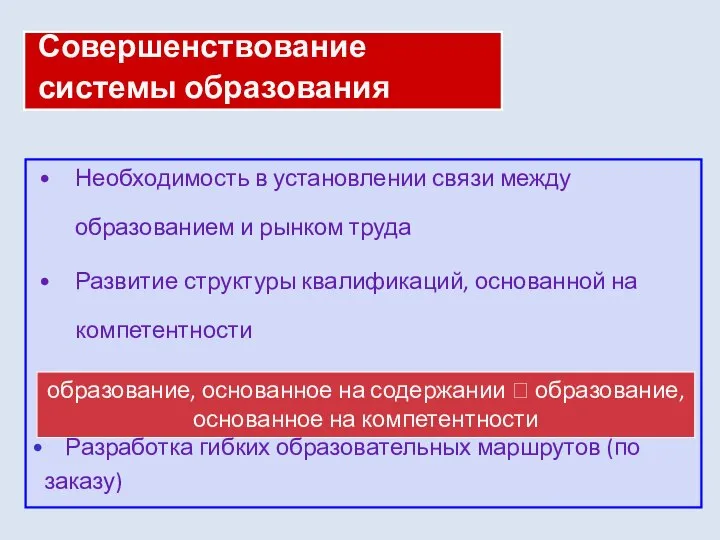 Совершенствование системы образования Необходимость в установлении связи между образованием и рынком