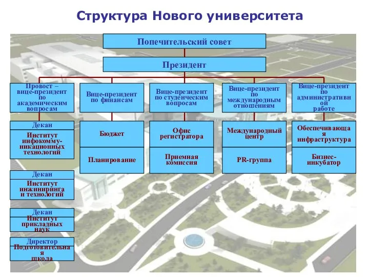 Структура Нового университета Попечительский совет Президент Провост – вице-президент по академическим