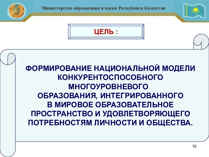 ЦЕЛЬ : ФОРМИРОВАНИЕ НАЦИОНАЛЬНОЙ МОДЕЛИ КОНКУРЕНТОСПОСОБНОГО МНОГОУРОВНЕВОГО ОБРАЗОВАНИЯ, ИНТЕГРИРОВАННОГО В МИРОВОЕ