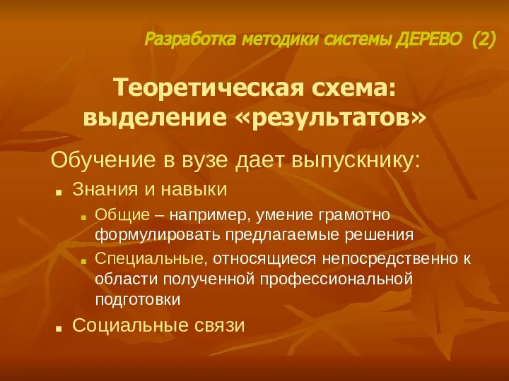 Теоретическая схема: выделение «результатов» Обучение в вузе дает выпускнику: Знания и