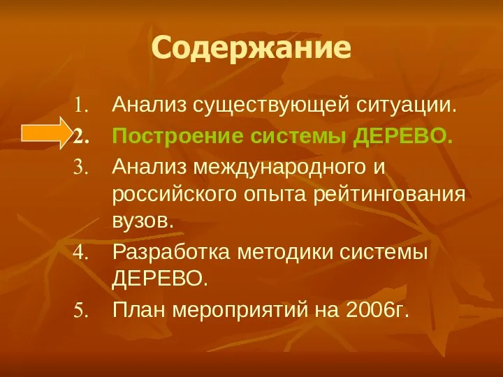 Содержание Анализ существующей ситуации. Построение системы ДЕРЕВО. Анализ международного и российского