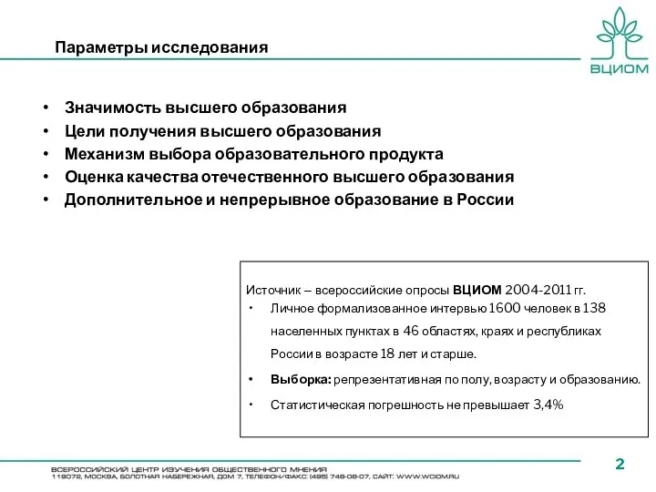 Параметры исследования Источник – всероссийские опросы ВЦИОМ 2004-2011 гг. Личное формализованное