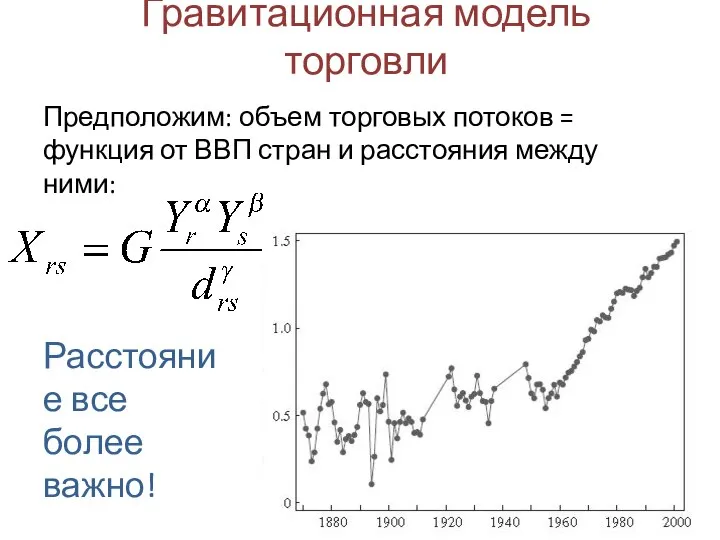 Гравитационная модель торговли Расстояние все более важно! Предположим: объем торговых потоков