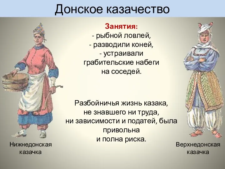 Донское казачество Занятия: - рыбной ловлей, - разводили коней, - устраивали