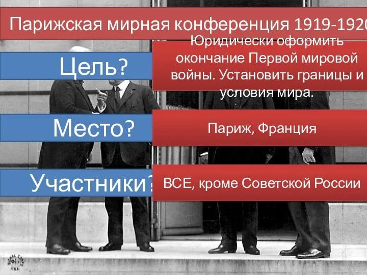 Парижская мирная конференция 1919-1920 Цель? Юридически оформить окончание Первой мировой войны.