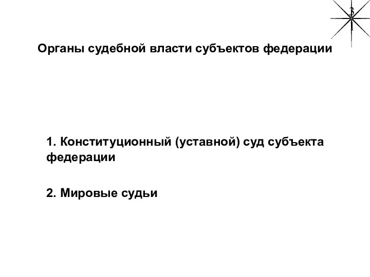 Органы судебной власти субъектов федерации 1. Конституционный (уставной) суд субъекта федерации 2. Мировые судьи 31