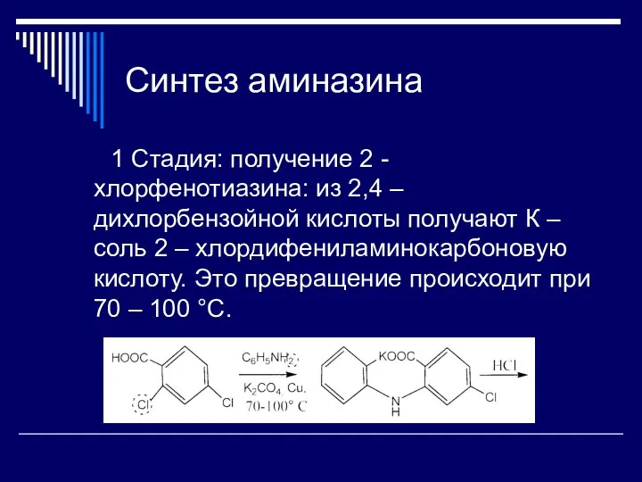 Синтез аминазина 1 Стадия: получение 2 - хлорфенотиазина: из 2,4 –