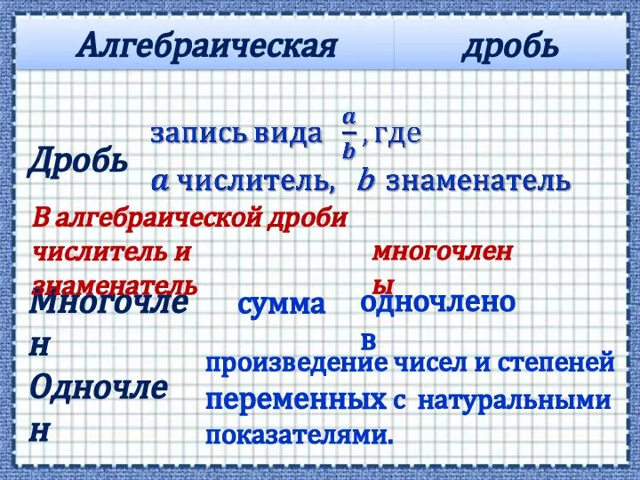 Многочлен сумма Одночлен произведение чисел и степеней переменных с натуральными показателями.