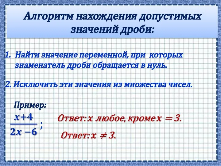 Алгоритм нахождения допустимых значений дроби: Найти значение переменной, при которых знаменатель