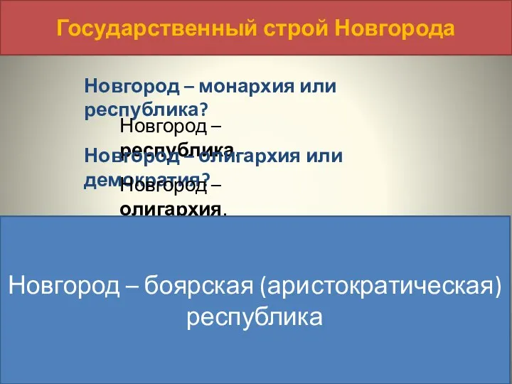 Государственный строй Новгорода Новгород – монархия или республика? Новгород – республика.