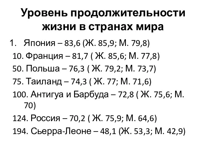 Уровень продолжительности жизни в странах мира Япония – 83,6 (Ж. 85,9;