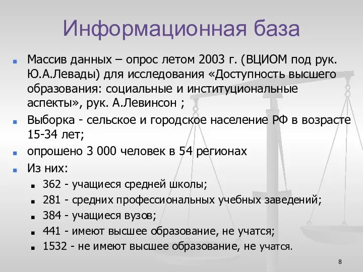 Информационная база Массив данных – опрос летом 2003 г. (ВЦИОМ под