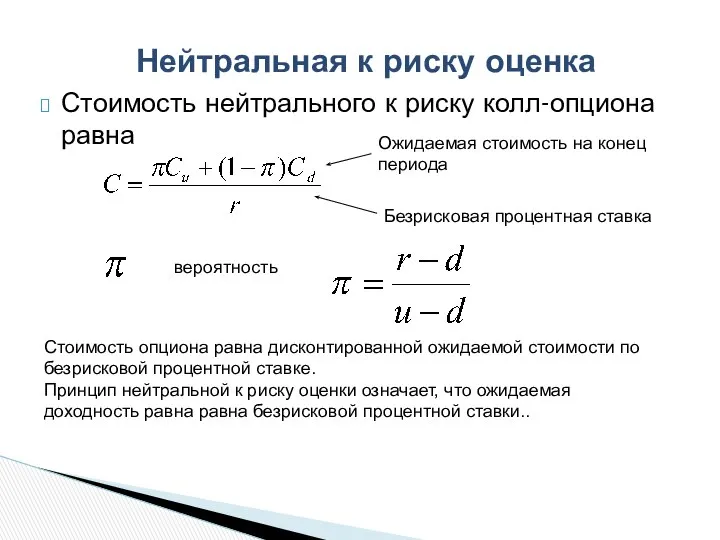 Стоимость нейтрального к риску колл-опциона равна Нейтральная к риску оценка Ожидаемая