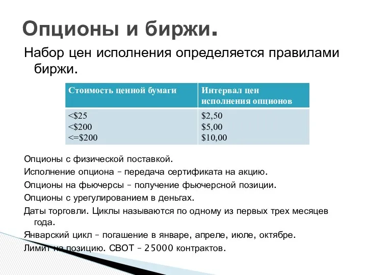 Набор цен исполнения определяется правилами биржи. Опционы с физической поставкой. Исполнение