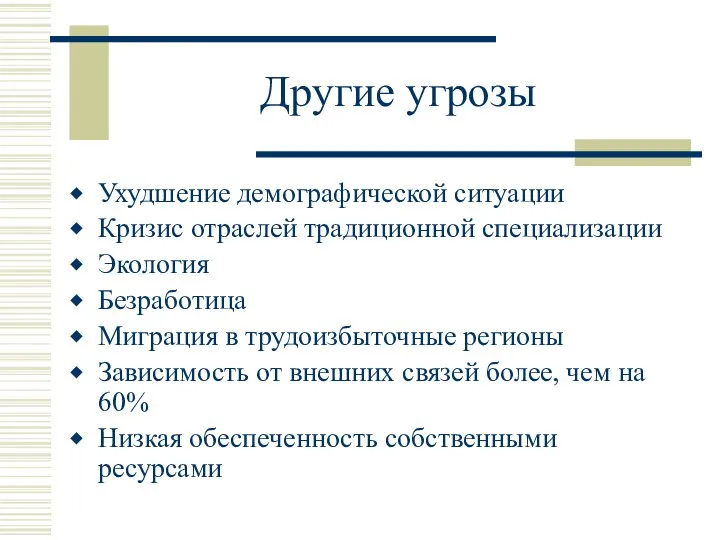 Другие угрозы Ухудшение демографической ситуации Кризис отраслей традиционной специализации Экология Безработица