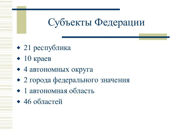 Субъекты Федерации 21 республика 10 краев 4 автономных округа 2 города