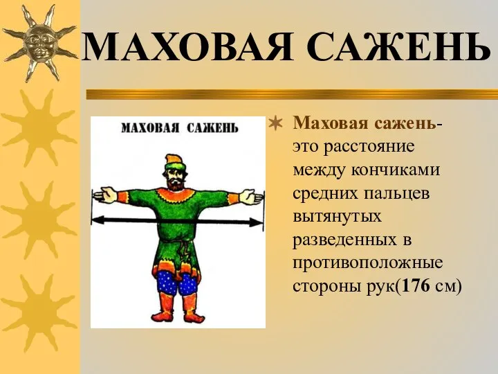 Маховая сажень-это расстояние между кончиками средних пальцев вытянутых разведенных в противоположные стороны рук(176 см) МАХОВАЯ САЖЕНЬ