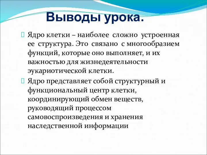 Выводы урока. Ядро клетки – наиболее сложно устроенная ее структура. Это